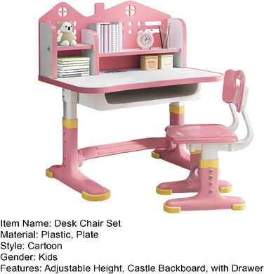 Комплект дитячих стільців для навчання преміум-класу, регульований по висоті дитячий стілець для письма та навчання з мультяшним візерунком, ергономічний стілець з подовженою книжковою полицею на робочому столі, рожевий