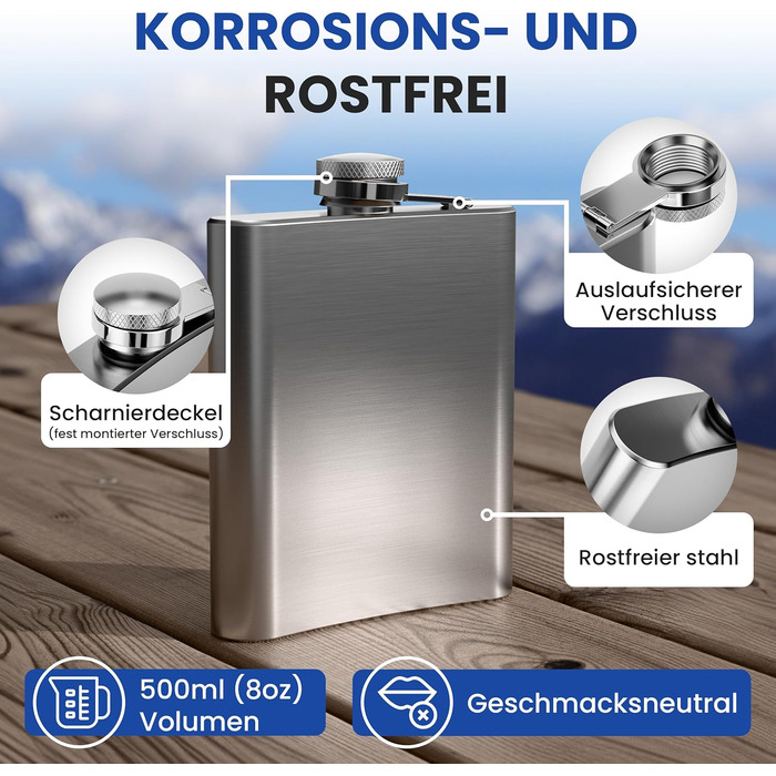 Фляга з нержавіючої сталі об&39ємом 0,5 л, срібляста, з гвинтовою кришкою - герметична, місткість 500 мл, 17x13x3 см - багаторазова пляшка для алкоголю, кишенькова фляга, півлітра, 18 унцій, 1 x 500 мл