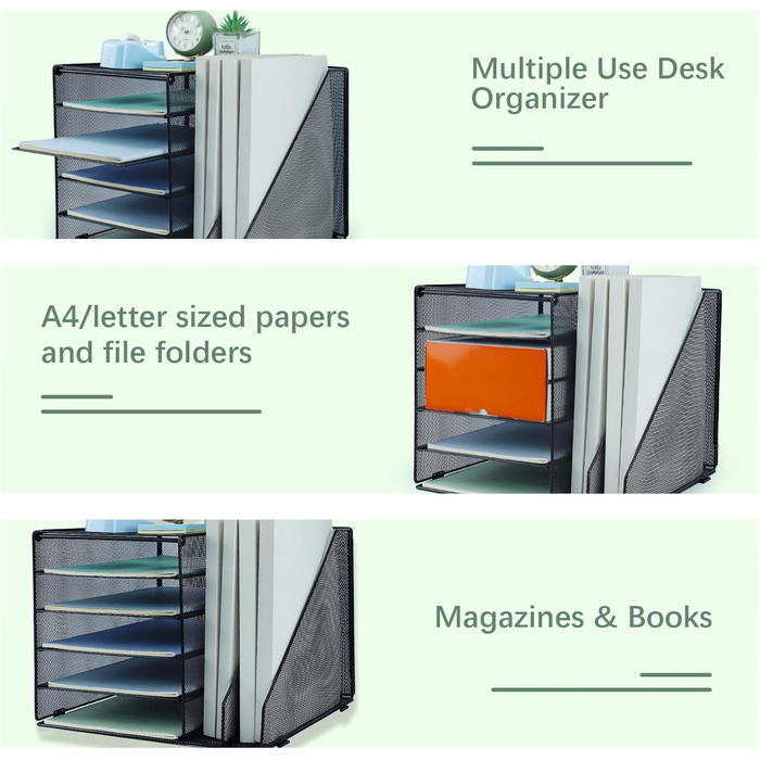 Рівневий настільний органайзер з 2 додатковими вертикальними папками для файлів, лоток для паперу, настільні лотки для паперу формату A4, тримач для журналів для домашнього офісу, чорний, 5 рівнів з 2 вертикальними папками, 5-