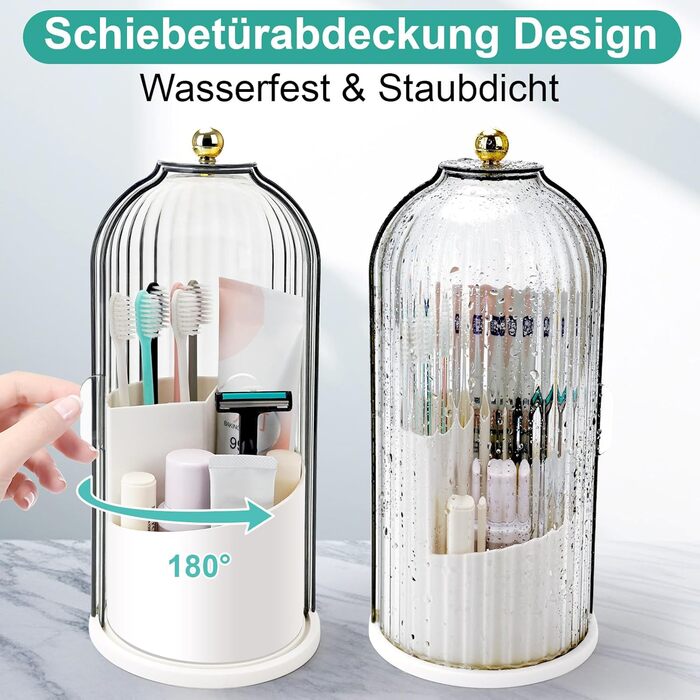Тримач для зубних щіток RISEMART із ковзною кришкою, обертовий органайзер для ванної кімнати з 3 відділеннями для стільниці, тримач для зубних щіток і пасти, тримач для ванної кімнати, органайзер для раковини для косметичних щіток