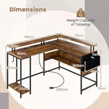 Г-подібний комп&39ютерний стіл GIANTEX, кутовий стіл зі світлодіодним підсвічуванням, стіл з підставкою для монітора, сумкою для зберігання, гачком для навушників, полицею та зарядною станцією (коричневий) Коричневий/Чорний