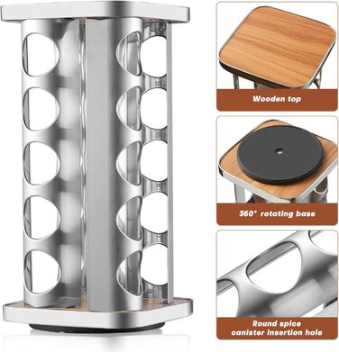 Підставка для спецій FRIBERG з 20 круглими банками для спецій, 100 мл, карусель для спецій з нержавіючої сталі, що обертається на 360, стійка для спецій з лійкою, етикеткою, ручкою та щіткою для чищення, срібляста 20