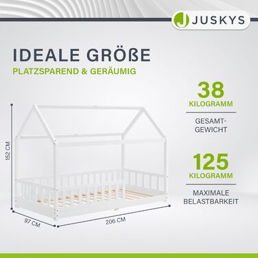 Дитяче ліжко Juskys Marli 90 x 200 см з матрацом, захисними поручнями, рейковою основою та дахом - Ліжко-будиночок з масиву дерева для дітей - Ліжко білого кольору