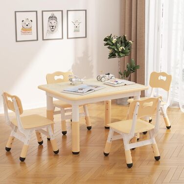 Дитячий стіл з 4 стільцями, серветками та дитячим стільцем для дитячого садка, регульований по висоті, з гравітаційною плитою та нековзною подушкою кольору дерева