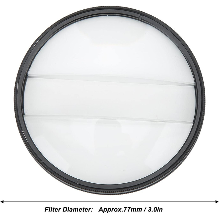 Подвійний скляний роздільний діоптрійний фільтр, 77-мм розділений діоптрійний призматичний фільтр камери Подвійний скляний розділений діоптрійний фільтр для обєктива Розмиття центрального фільтра масштабування, для дзеркальних фотоапаратів на відкритому п