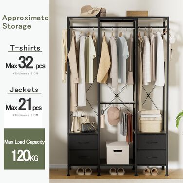 Відкрита шафа, вішалка для одягу, вішалка для пальто з 4 шухлядами, міцна вішалка для одягу, для спальні, вітальні, передпокою, чорна