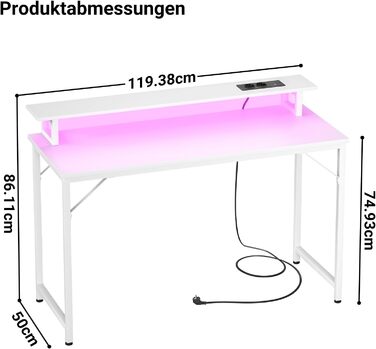 Комп&39ютерний стіл, ігровий стіл 120x50 см з RGB LED-підсвічуванням, стіл з розеткою, комп&39ютерний стіл з підставкою для монітора, маленький стіл для невеликих приміщень, кабінет, спальня, офіс, білий, 120 см