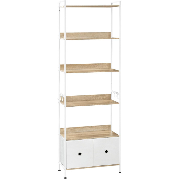 Окремостояча полиця WOLTU, книжкова полиця з 5 полицями та 2 шухлядами, настільна полиця для вітальні, кухні, кабінету, спальні, з металевим каркасом, 63x187x30 см, світлий дуб білий, RGB62whe 63x30x187 см Світлий дуб білий