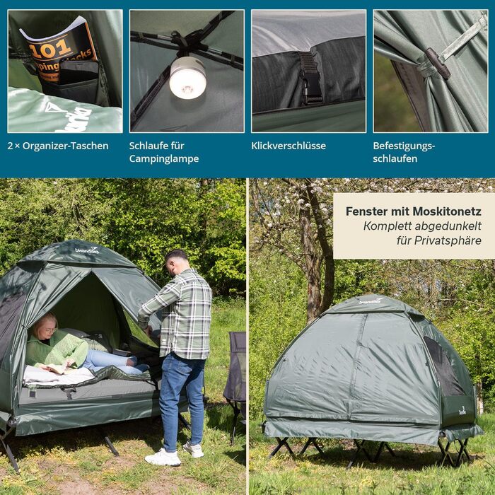 Намет-ліжко Skandika Haug для 2 осіб Намет-ліжко, піднятий кемпінговий намет, надувний матрац, водонепроникний, відкритий похідний намет, до 160 кг Рибальський намет 4-в-1, намет-ліжко, короповий намет, похідний намет-ліжко, зелений