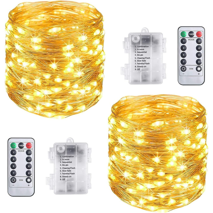 Світлодіодні казкові вогні Vicloon мідний дріт, 2 шт. и 10м 100 світлодіодних батарейних казкових вогнів з пультом дистанційного к