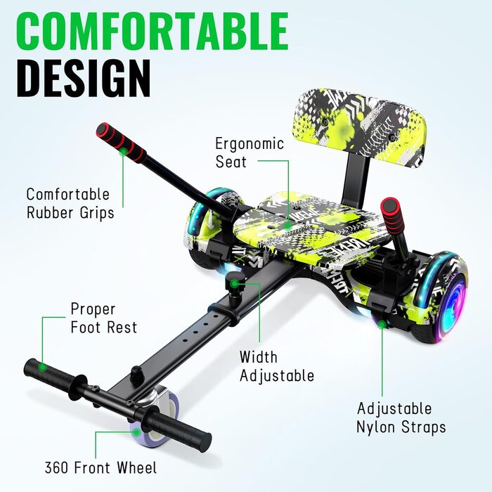 Кріплення на сидіння SISIGAD для гіроскутера – з Bluetooth, кольоровими світлодіодними ліхтарями, регульована довжина рами для дітей