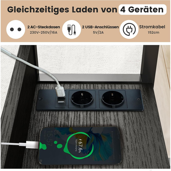 Приставний столик Hadulcet, С-подібний приставний столик з колесами, регульована стільниця, журнальний столик з розеткою, регульований по висоті диванний столик, столик для ноутбука для вітальні та спальні, чорний