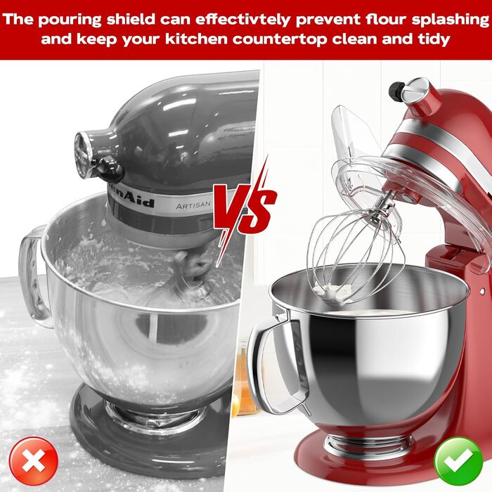 Протектор GVODE Pourer для міксера KitchenAid на 4.5 і 5 кварт з нахиленою головкою, прозорим захистом від бризок, ідеально підходить для миски з нержавіючої сталі KitchenAid, скляної та керамічної миски, можна мити в посудомийній машині