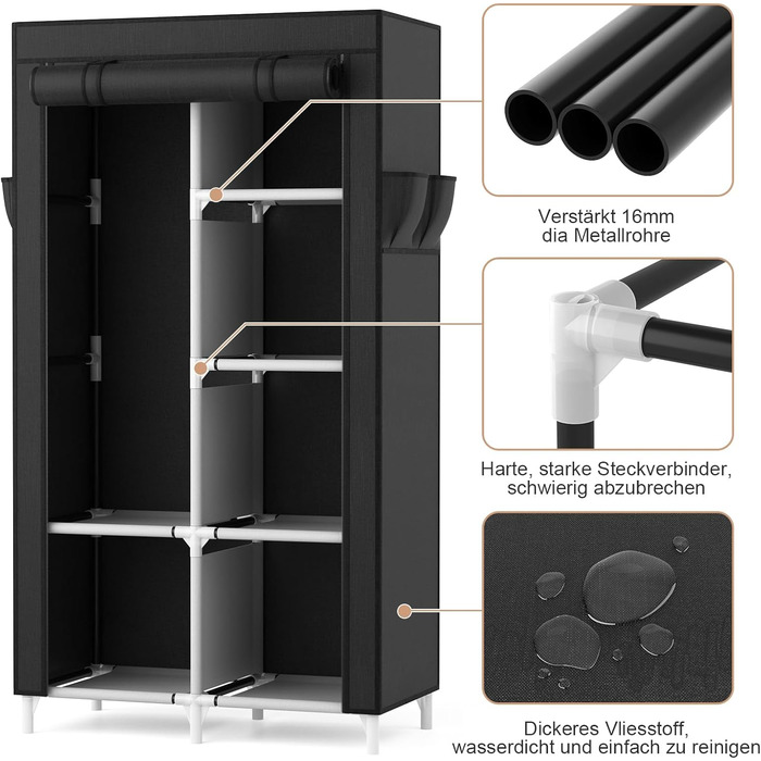 Шафа, тканинна шафа з вішаком для одягу, 6 полицями, 4 боковими кишенями та кришкою, міцна шафа для гардеробної спальні (чорна, 84 x 42 x 162 см)