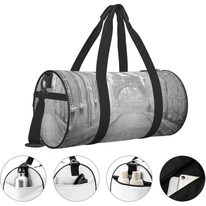 Дорожня сумка Паризький шарм з Ейфелевою вежею, вулицею Парижа та червоною парасолькою. Спортивна сумка для чоловіків та жінок, сумка-мішок, спортивна дорожня сумка.