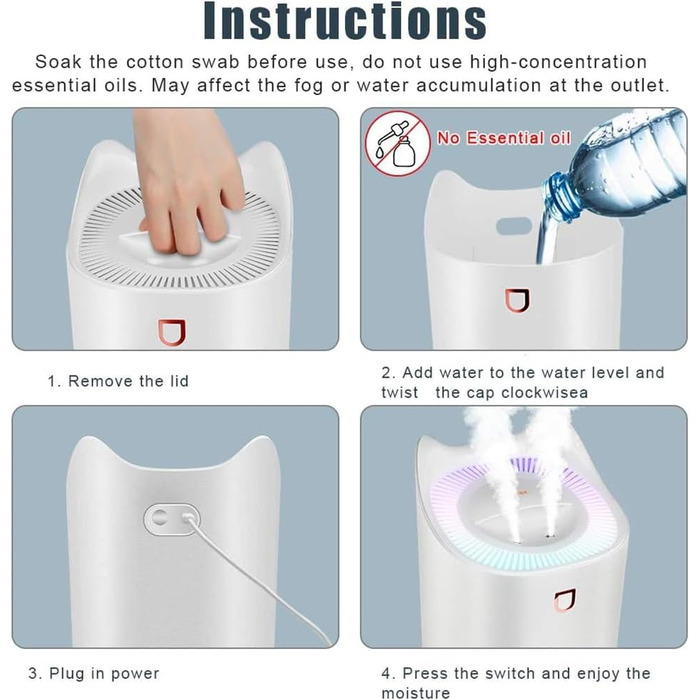 Зволожувач для спальні 3 л з 7 кольорами LED і 2 отворами для розпилення, тихий зволожувач повітря для дитячої кімнати, дитячої кімнати, час роботи 24-48 годин, для домашнього офісу йоги