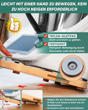 Дерев'яна розсувна дошка для Thermomix TM6 TM5, для розсувної дошки Thermomix з додатковим місцем для ложок, високоякісні тефлонові глайди, переміщення без зусиль, бук