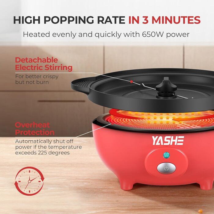 Машина для приготування попкорну YASHE, електрична мішалка для попкорну потужністю 650 Вт, машини для приготування попкорну ємністю 3 л з антипригарним покриттям, здорова та менша кількість олії для вечірок у кіно