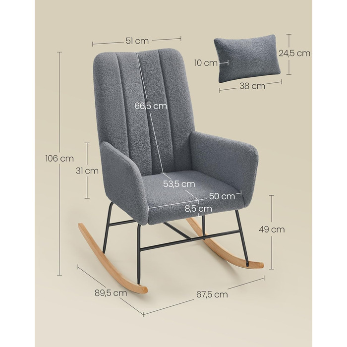 Крісло-гойдалка SONGMICS HOME з підлокітниками, крісло-реклайнер, оббите флісом, сталевий каркас, ніжки з каучукового дерева, вантажопідйомність до 136 кг, для спальні, вітальні, колір Сірий сланцевий LYY500G01 без підставки для ніг, колір Сірий сланцевий
