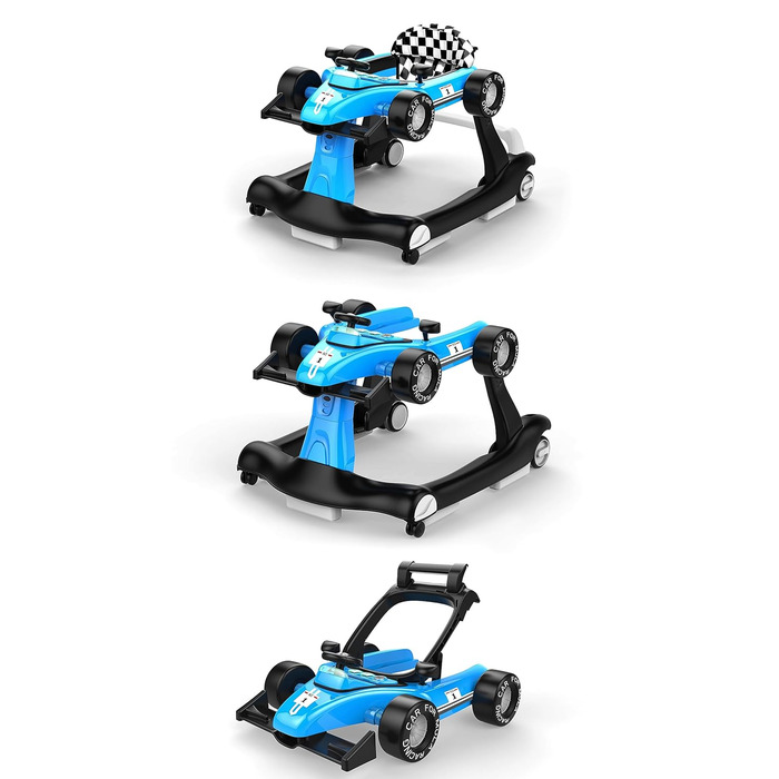 Ходунки Sun Baby 3in1 з регульованим по висоті автомобілем, Formula Racing, інтерактивні та складні з запобіжним стопором, кнопками, світлом і звуком від 6 місяців (синій)