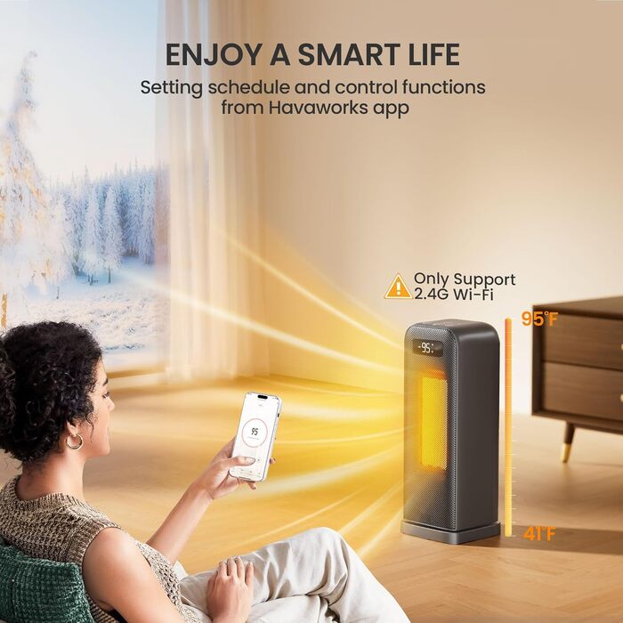 Енергозберігаючий вентилятор-обігрівач, портативний керамічний PTC вентилятор-обігрівач потужністю 1500 Вт, тихий, коливальна панель 70, 12-годинний таймер, захист від перегріву та перекидання, сумісний з Alexa та Google Assistant, чорний, 4 режими, 40 см