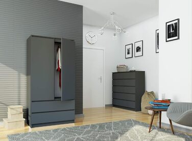 Шафа AKORD з двома дверима S 90 см, 2 шухляди з полицями та однією рейкою для одягу, для шаф з однією спальнею, мінімалістичний стиль, ламінат 16 мм графітово-сірий колір, графітово-сірий 90 см x 180 см x 51 см