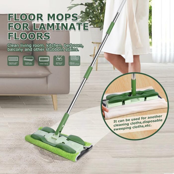 Плоска швабра Masthome, підлогова швабра 360 з 4-ма мікрофібровими насадками, довжина ручки 151 см, регульована, металева основа,