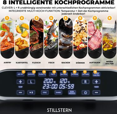Л, 2400 Вт, 80-200 C, функція струшування розроблена STILLSTERN, Same-End, 120 рецептів GERMAN, 8 програм, зневоднення, розморожування та підтримання тепла, фритюрниця чорна, 1-8 Pers 2x4 8