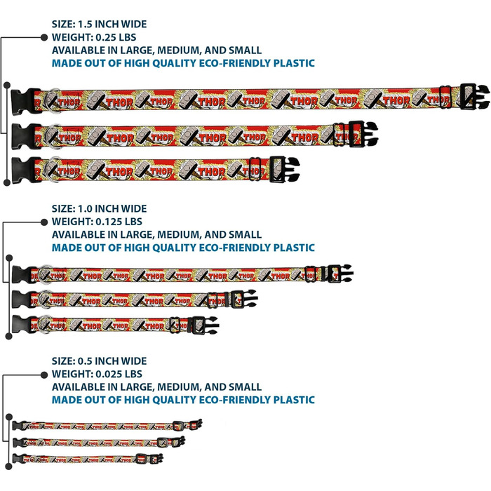 Нашийник для собак з пластику з застібкою, Молот Тора у червоно-жовто-білих кольорах, ширина 22.9-38.1 см, багатокольоровий (PC-WTH005-S) - ширина 2.5 см, для обхвату шиї 35-45 см, розмір S