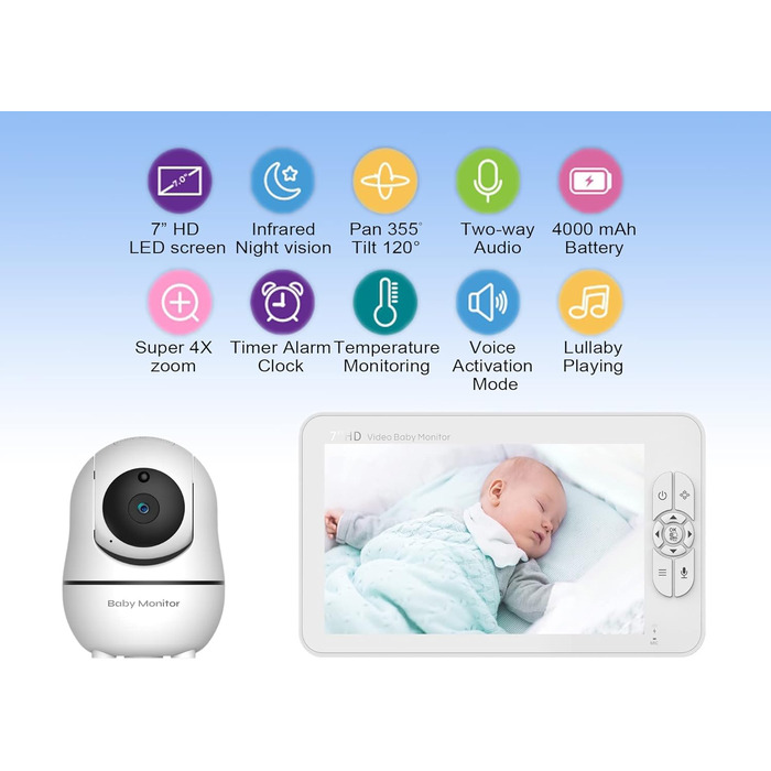 Камера радіоняні Matosio, відеоняня, великий РК-екран 7 дюймів HD, дитяча камера 355 PTZ, нічне бачення, функція VOX, акумулятор 4