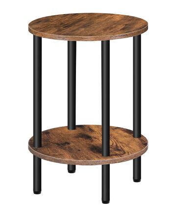 Круглий приставний столик, журнальний столик з 2 полицями, невелика тумбочка біля ліжка, журнальний столик в індустріальному стилі, для вітальні, спальні, вінтажний коричневий та чорний DTBZ01BF Вінтажний коричневий чорний 1