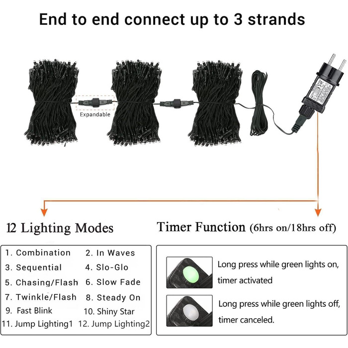 Світлодіодні різдвяні вогні, 25 м 200 світлодіодних гірлянд, теплий білий колір, водонепроникні, розширювані з 12 режимами та таймером для різдвяного декору всередині та зовні приміщень
