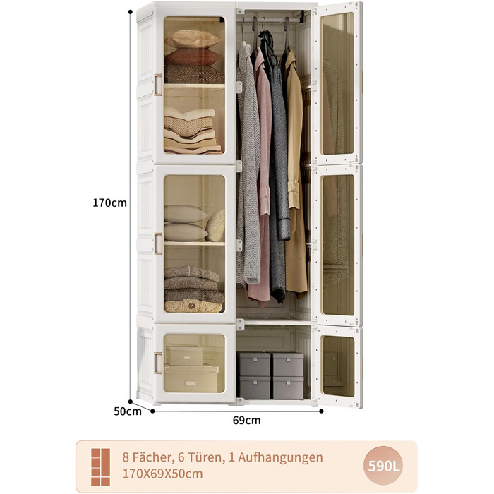Біла шафа, складна шафа для зберігання речей з вішалкою для одягу, багатофункціональна шафа для спальні, вітальні, квартири, дуже легке складання (170x50x69см)