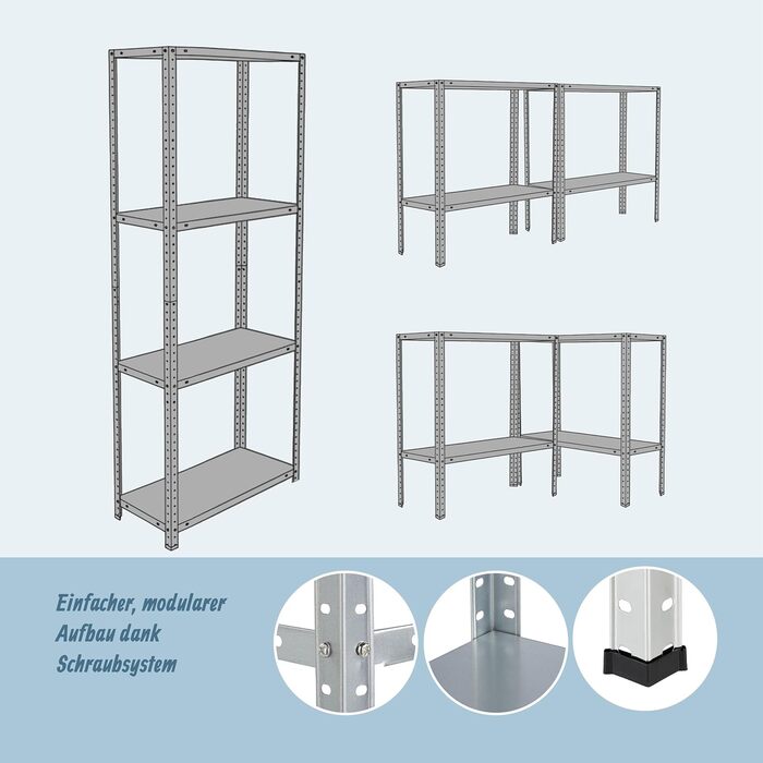 Стелаж для зберігання Relaxdays, оцинкована сталь, ВШХ 180 x 60 x 40 см, 160 кг, 4 полиці, для підвалу та гаража, міцний стелаж, сріблястий