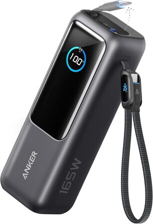 Зовнішній зарядний пристрій Anker для ноутбука, 25000 мАг 165 Вт USB-C, 3 порти USB-C по 100 Вт для заряджання кількох пристроїв, вбудований висувний кабель, для iPhone 17/16/15, MacBook, Samsung та інших, чорний