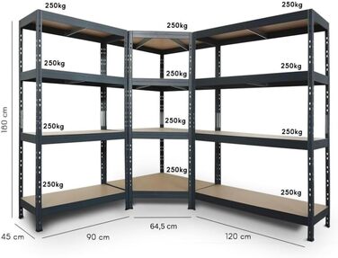 Поліжна система Rivet для важких умов експлуатації, антрацитово-сірий колір, 1 кутова полиця (180x90x45x64,5 см, 250 кг, 4 полиці з HDF) та 2 полиці без болтів (180x90x45 та 180x120x45 см, 250 кг)