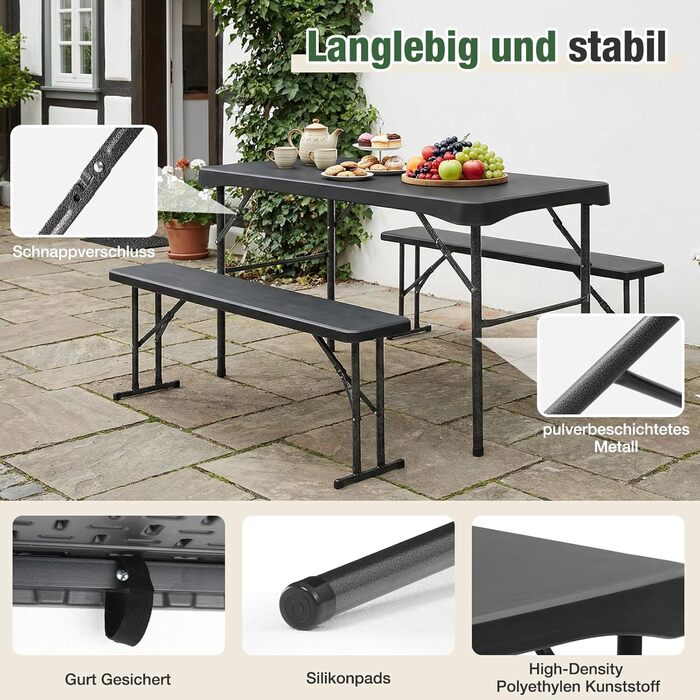 Складаний пластиковий пивний садовий набір Sekey Обідній стіл 113 x 61 см з 2 лавками для 4 осіб Набір для пивного саду для приміщень/вулиці Садовий комплект пивних столів (чорний) Чорний/113 см