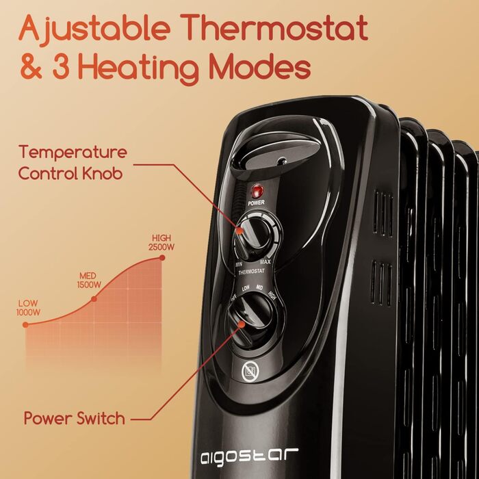 Масляний радіатор Aigostar потужністю 2500 Вт з 13 ребрами, мобільний електричний обігрівач, енергозберігаючий, портативний масляний обігрівач, 3 режими нагріву, термостат, захист від перекидання та перегріву, чорний