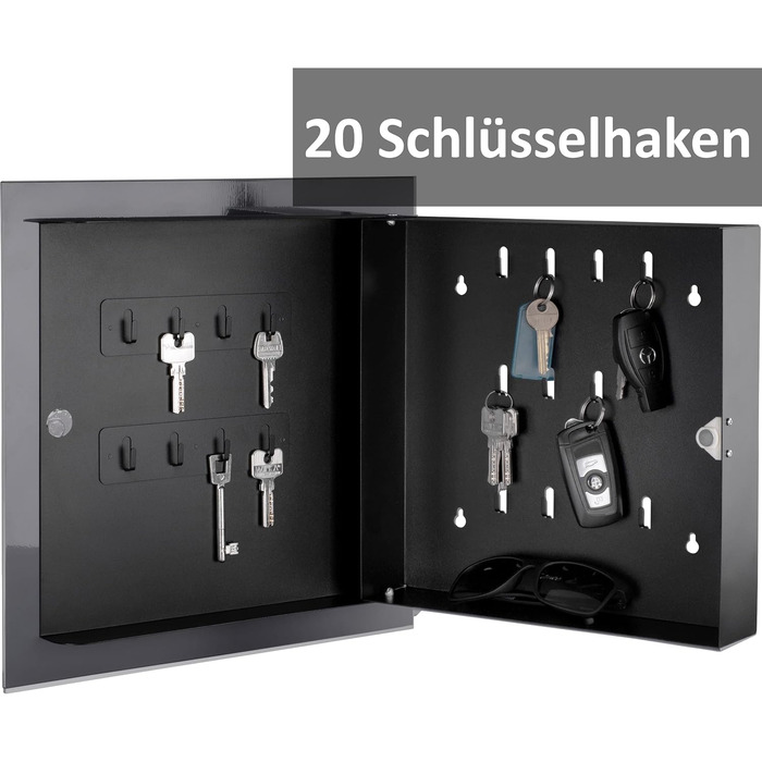 Сучасна скринька для ключів BALOU зі скляною магнітною дошкою - Магнітна дошка для пам&39яток з 6 магнітами та ручкою - Велика шафа для ключів з 20 гачками - Ідеально підходить для коридору, вхідної зони, офісу - 33x33x6,8 см Антрацит