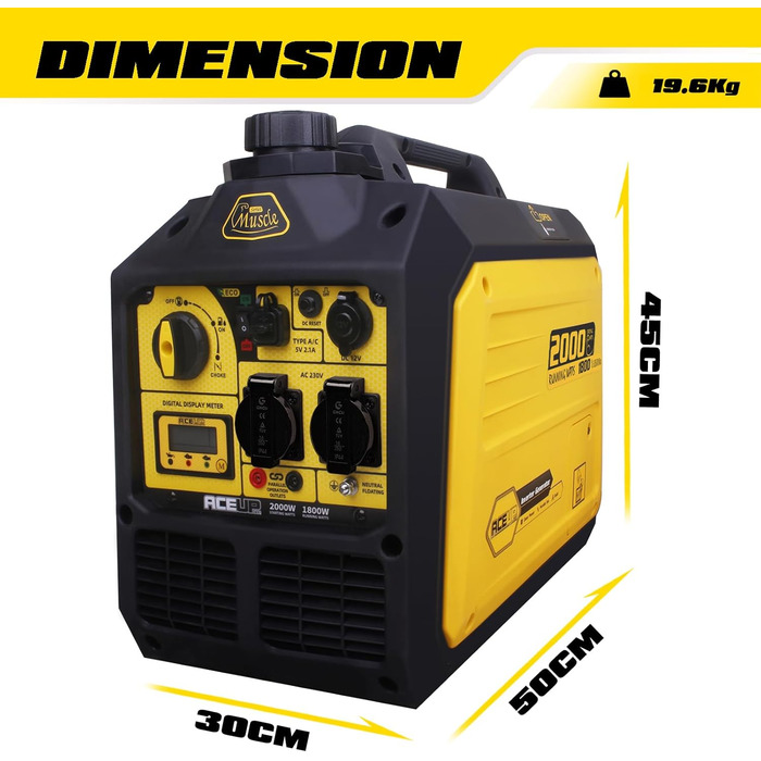 Інверторний генератор Aceup Energy 2000 Вт, бензиновий генератор з 230 В, 12 В, USB, цифровим дисплеєм, для кемпінгу на свіжому повітрі, супер тихий портативний 4-тактний інверторний бензиновий генератор потужністю 19,6 кг, потужністю 2000 Вт з інтелектуа