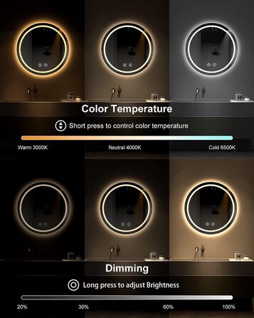 Дзеркало для ванної кімнати Dripex кругле з підсвічуванням Світлодіодне дзеркало з сенсорним перемикачем, з регулюванням яскравості, кругле дзеркало для ванної кімнати з регулюванням 3 світлих кольорів з підсвічуванням, без запотівання 50x50 см без запоті