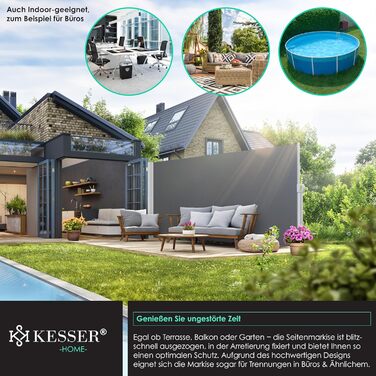 Алюмінієва бічна маркіза KESSER, розсувна та непрозора, 300 x 180 см Захист від вітру та приватності в саду з автоматичним механізмом згортання для балкона та патіо Бічна штора, включаючи дощовик з настінним кріпленням, темно-сіра, 300 x 180 см