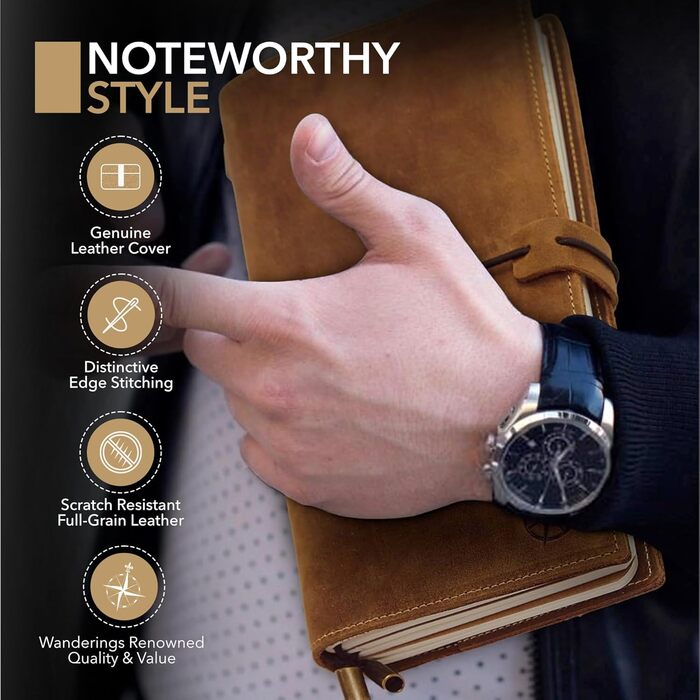 Шкіряний блокнот Wanderings з кишенями - 22 x 11,5 см - Поповнюваний щоденник подорожей з чистим папером для запису та організації або як блокнот, щоденник, вінтажний планер, коричневий