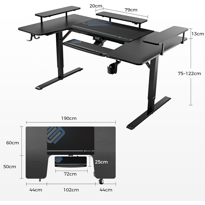Електричний стіл з регульованою висотою 190110 см U-подібний ігровий стіл Великий кутовий стіл з регульованою висотою з підставкою для клавіатури, комп&39ютерний стіл з 3 підставками для світлодіодних моніторів ERK-U71-B-2-EU Чорний