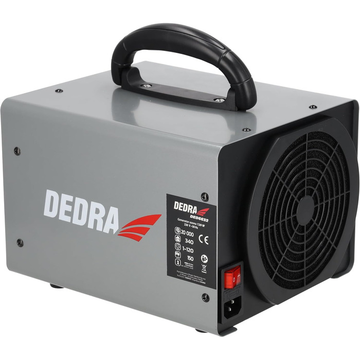 Генератор озону 20 г/год, озонатор DEDRA, 120 Вт, витрата повітря 340 м/год, метод дезінфекції, вентилятор, гнучкий шланг, автоматичне керування часом роботи, видаляє мікроорганізми 20000 мг/год