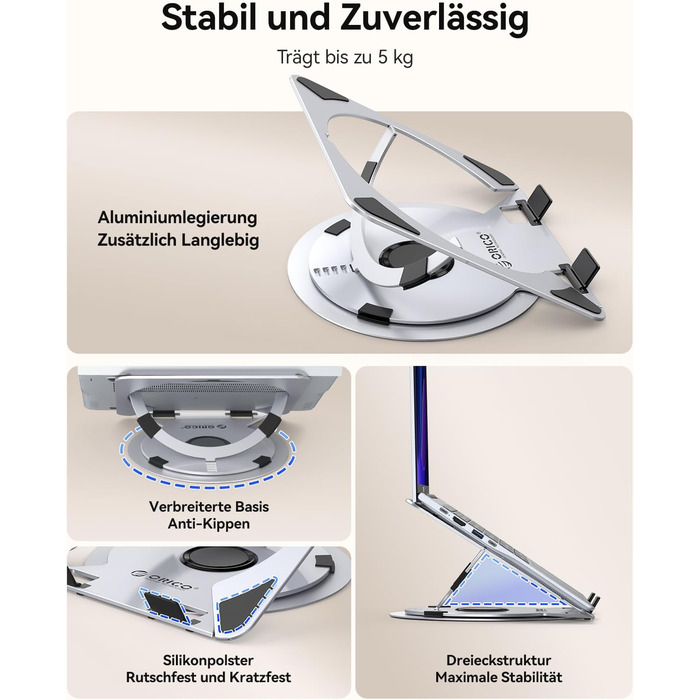 Основа для ноутбука ORICO NS1 срібляста регульована висота, алюмінієвий корпус, охолодження та поворотна база 360, ергономічний складаний стенд для ноутбуків 10-17 дюймів