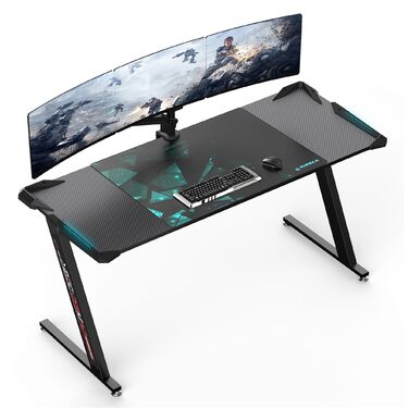 Ергономічний ігровий стіл Eureka 153 60 см, великий ігровий письмовий стіл зі світлодіодним підсвічуванням, ігровий ПК-стіл на карбоновому волокні