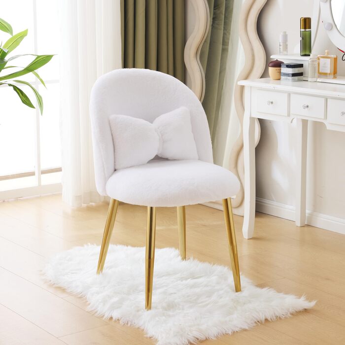 Крісло-туалет, крісло для вітальні, крісло для читання, з регульованими золотими ніжками та подушкою-бантом, імітація кролячого хутра (білий)