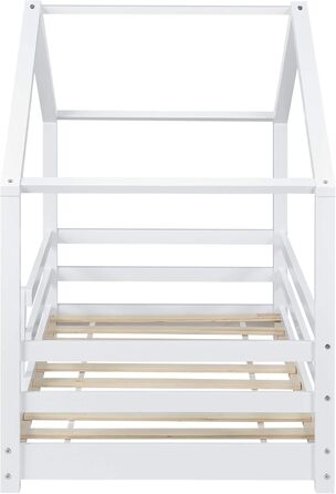 Дитяче ліжко Kntten, Ліжко-будиночок, Ліжко на підлозі, 80 x 160 см, Дерев&39яне ліжко для дітей із захистом від падіння, Каркас ліжка з рейковою основою, Сосна, Біле, 80x160 см