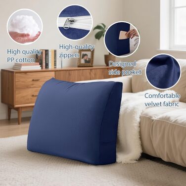Клиноподібна подушка, опорна подушка, подушка для спинки ліжка, клиноподібна подушка для читання з підтримкою спини - ідеально підходить для ліжка та дивана, зручна подушка для сидіння, знімний оксамит (синій)